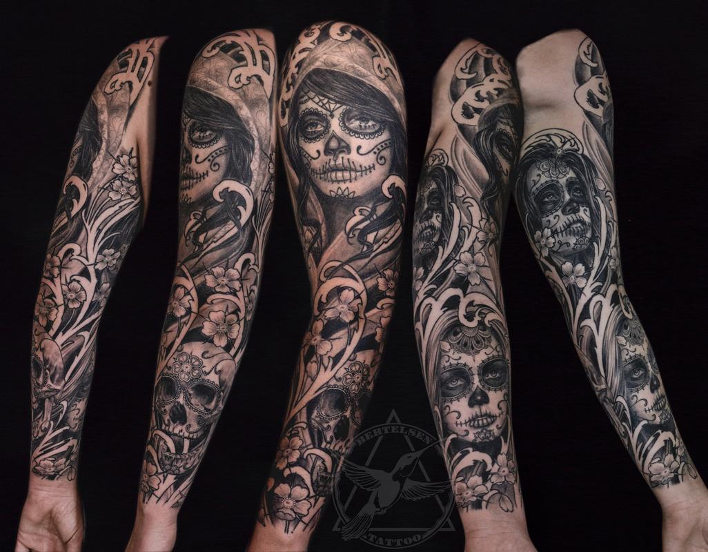 Unique Full Sleeve Sugar Skull Tattoo By Jake Bertelsen Tattoonow 